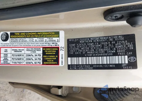 2010 Toyota Camry Le из США, поврежденный, VIN 4T4BF3EK6AR006500